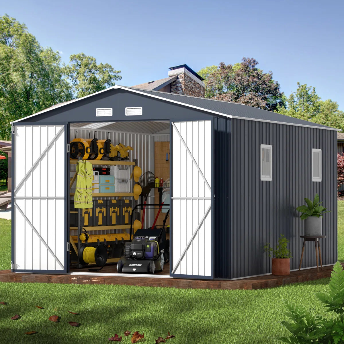 ™Nolira | מחסן מתכת בגודל 10x12 רגל עם חלונות – שלדת פלדה, גג משופע, מבנה עמיד למזג אוויר