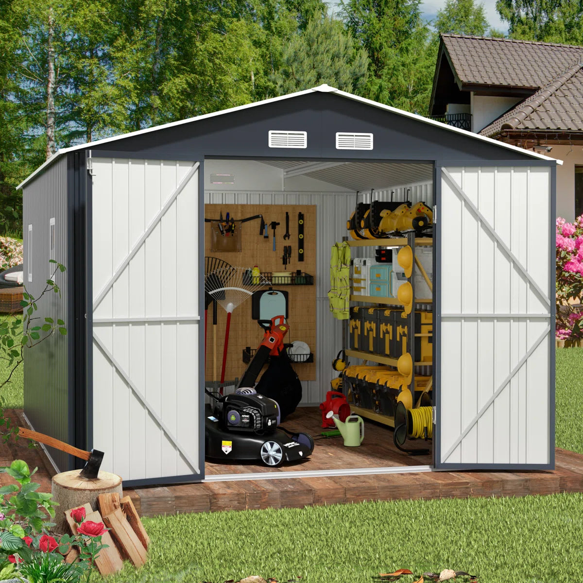 ™Nolira | מחסן מתכת בגודל 10x12 רגל עם חלונות – שלדת פלדה, גג משופע, מבנה עמיד למזג אוויר