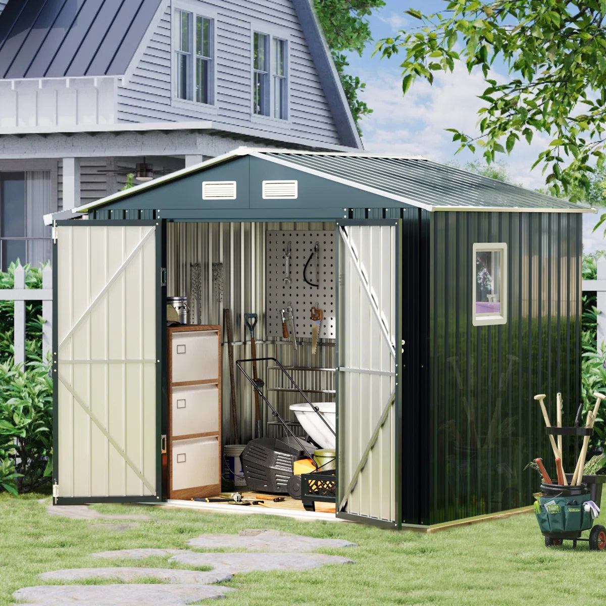 ™Taluna | מחסן מתכת בגודל 10x12 רגל עם חלונות – שלדת פלדה, גג משופע, מבנה עמיד למזג אוויר