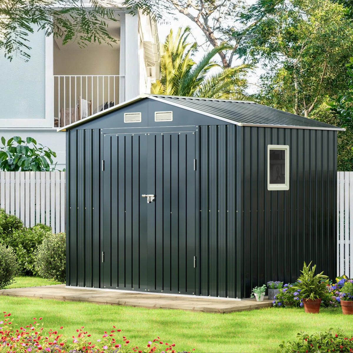 ™Taluna | מחסן מתכת בגודל 10x12 רגל עם חלונות – שלדת פלדה, גג משופע, מבנה עמיד למזג אוויר