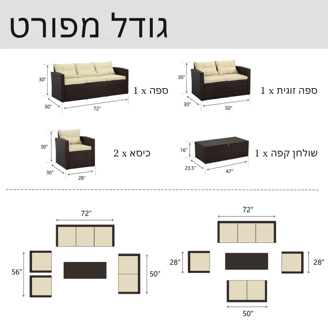 ™Veluna | סט טרקלין חוץ בן 5 חלקים – כריות עמוקות, שולחן אחסון, מבנה ראטן עמיד